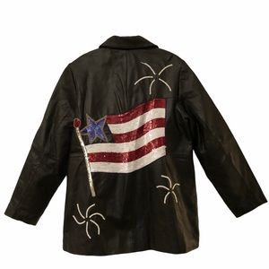 NEW Quacker Factory Black Leather American Flag Sequin Bead Coat L